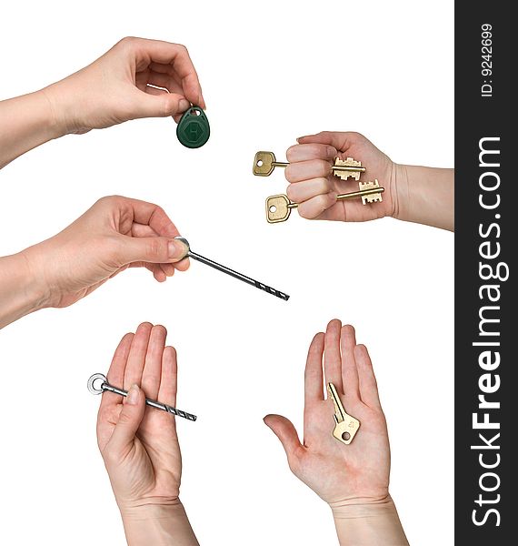 Keys of different kinds in woman hands (set)