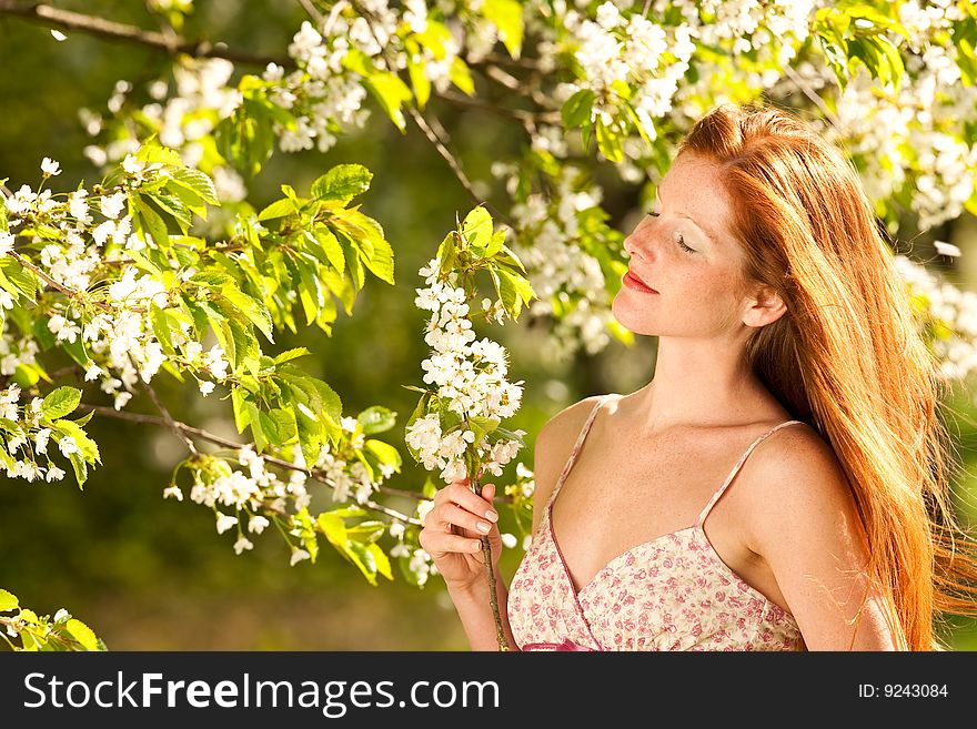 Woman under blossom tree in spring on a sunny day