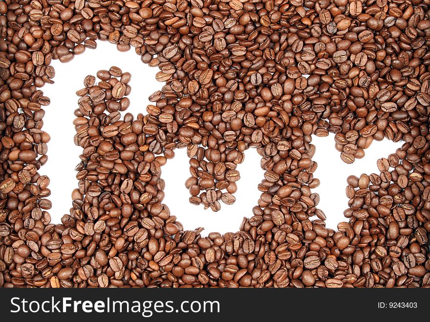 Coffee beans with the written word 'pur'. Coffee beans with the written word 'pur'