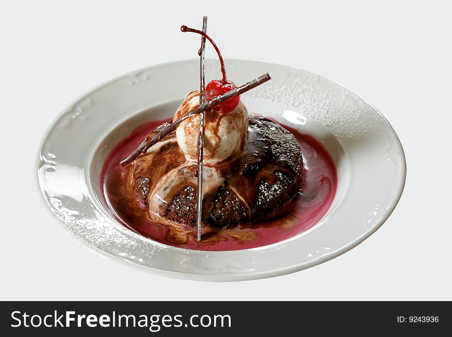 Warm chocolate cake with ice cream