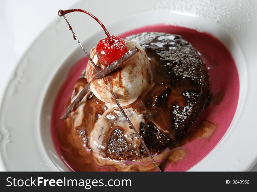 Warm chocolate cake with ice cream