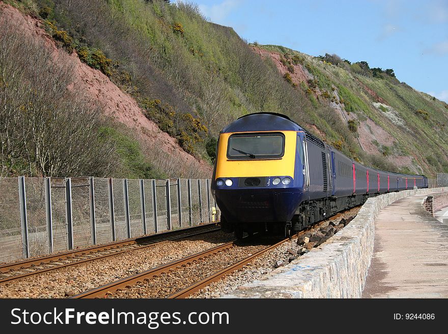 Train on coastal railway track