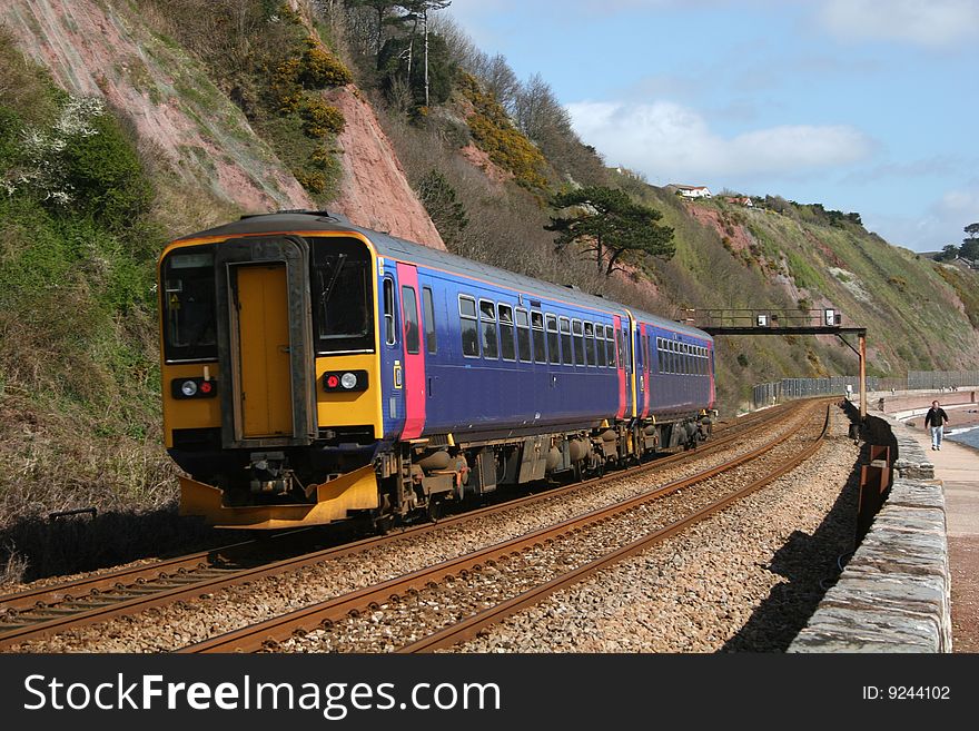 Train on coastal railway track