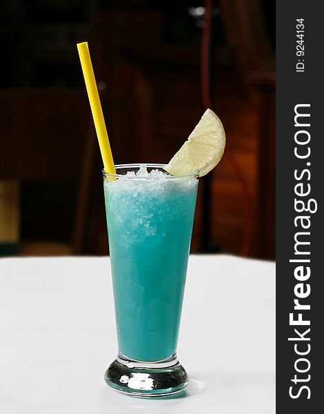 Refreshing blue cocktail with ice