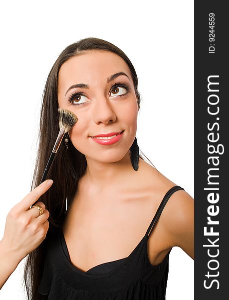 Pretty Brunette Aplying Makeup Isolated