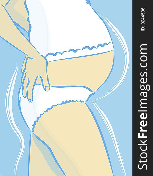 Pregnant woman holding her belly on blue background