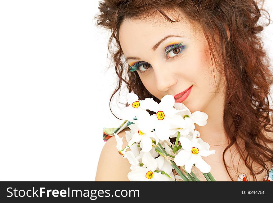 woman holding white spring flowers. woman holding white spring flowers