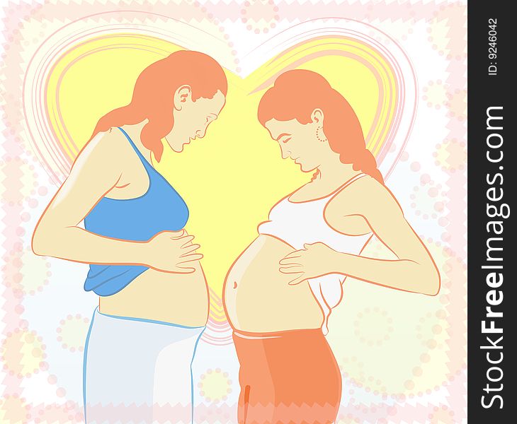 Two expectant mothers holding their belly ，background is a heart-shaped