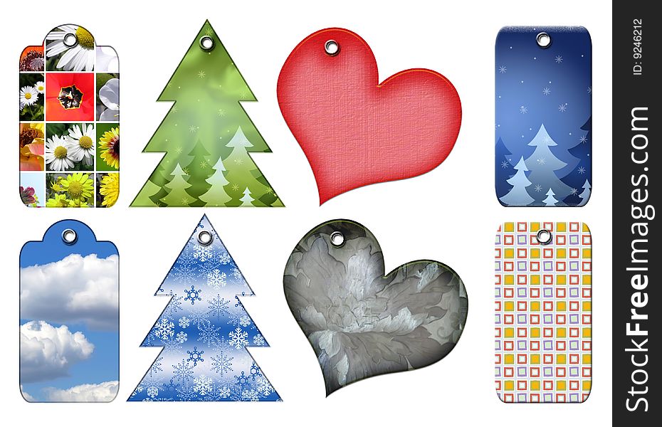 Gift tags of different forms. Isolated on a white background.