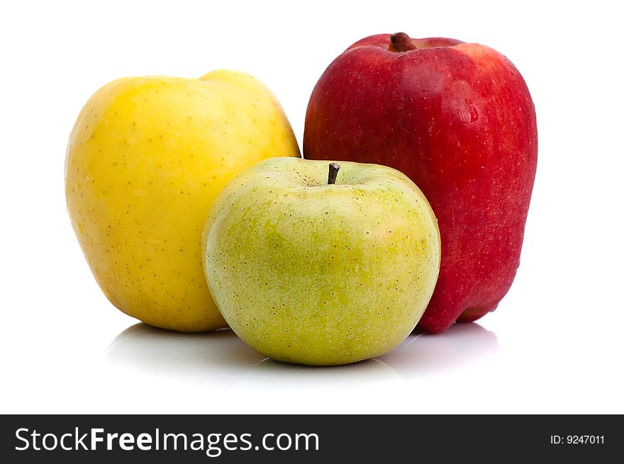 Group of green, golden and red apples  isolated on the white background. Group of green, golden and red apples  isolated on the white background