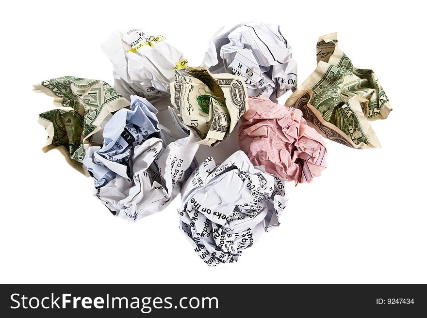 Crumpled bills and dollar bills, isolated on white background. Crumpled bills and dollar bills, isolated on white background.