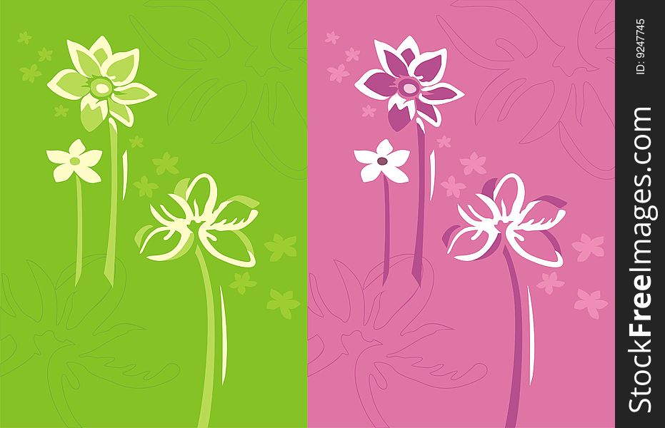 Floral background in two color variations with abstract flower silhouettes. Floral background in two color variations with abstract flower silhouettes.