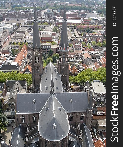 View on a church in Delft Holland from above. View on a church in Delft Holland from above