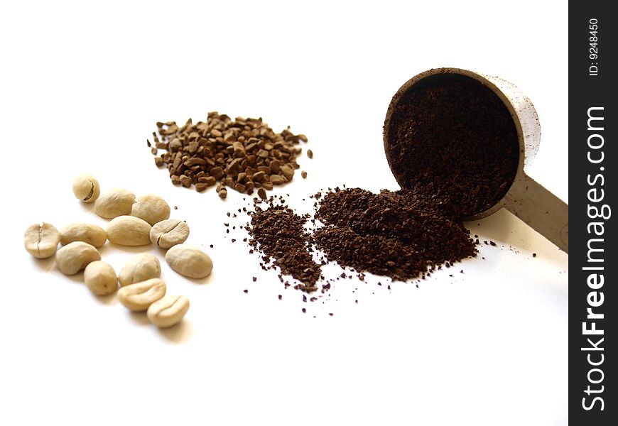 Different shapes of coffee. beans, powder