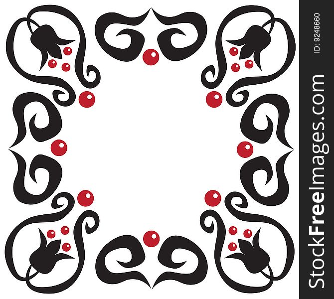 Black-red frame with curlicue, campanula and berry. Black-red frame with curlicue, campanula and berry