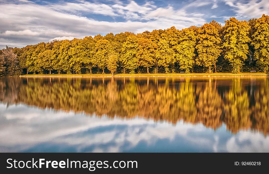 A clear calm lake with trees reflecting from the surface. A clear calm lake with trees reflecting from the surface.