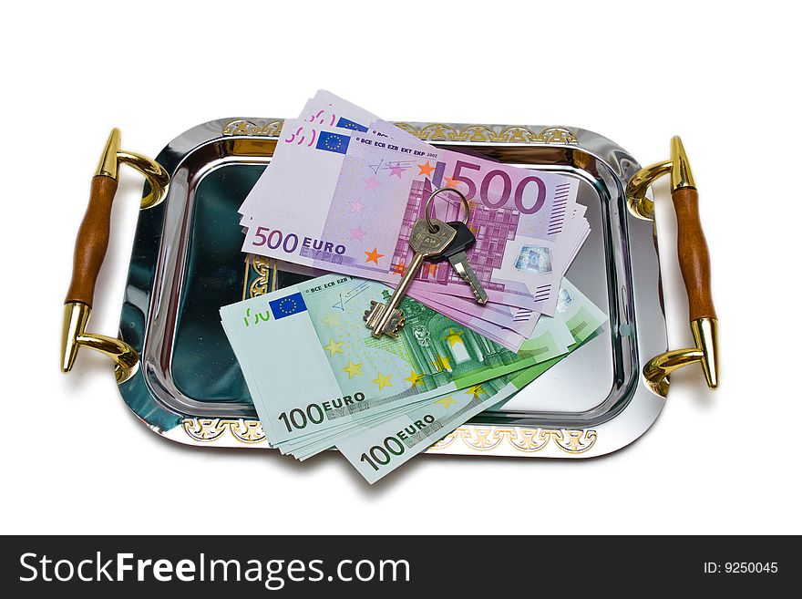 Euro bank notes on a metal tray isolated