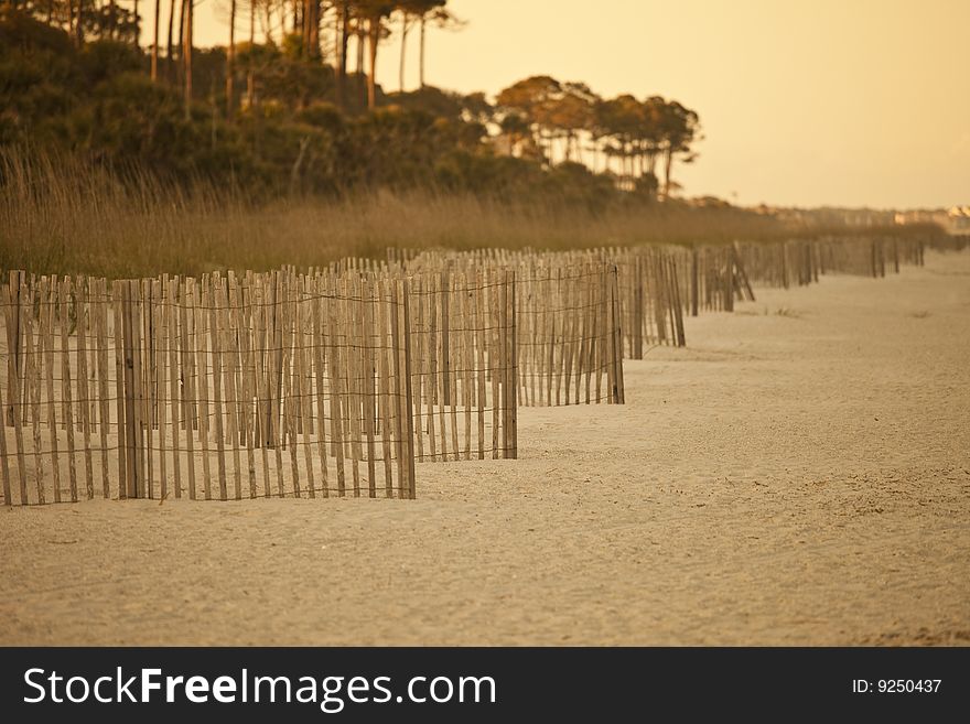 Erosion fence on deserted beach, warm tone