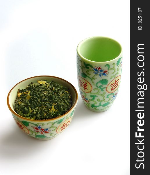 Set of ware for green tea from two subjects isolated on a white background