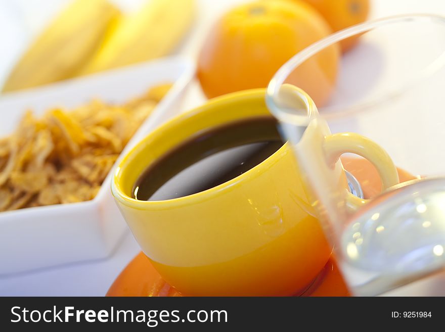 Coffee with cornflakes and fruits. Coffee with cornflakes and fruits