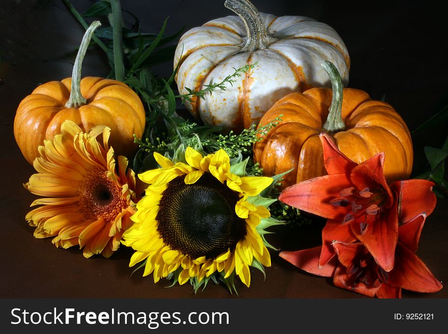 Holiday arrangement of pumpkins, gourd and flowers