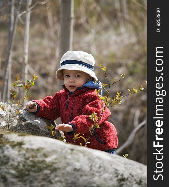 Young boy pround to reach the top in nature. Young boy pround to reach the top in nature
