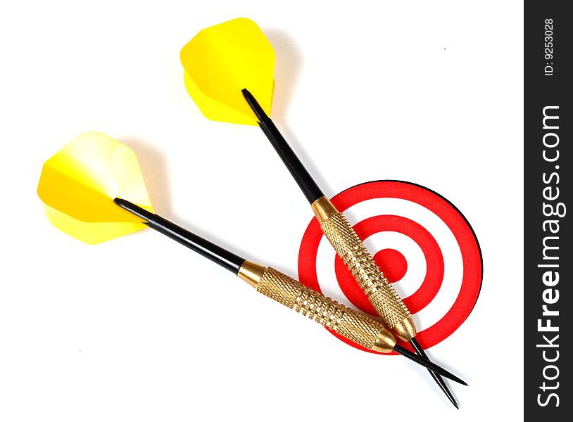 Two darts over a red target in a white background