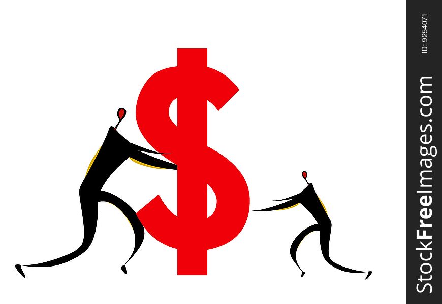 Illustration drawing oftwo humans pushing red dollar Sign. Illustration drawing oftwo humans pushing red dollar Sign