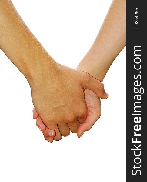 Hand in a hand on a white background