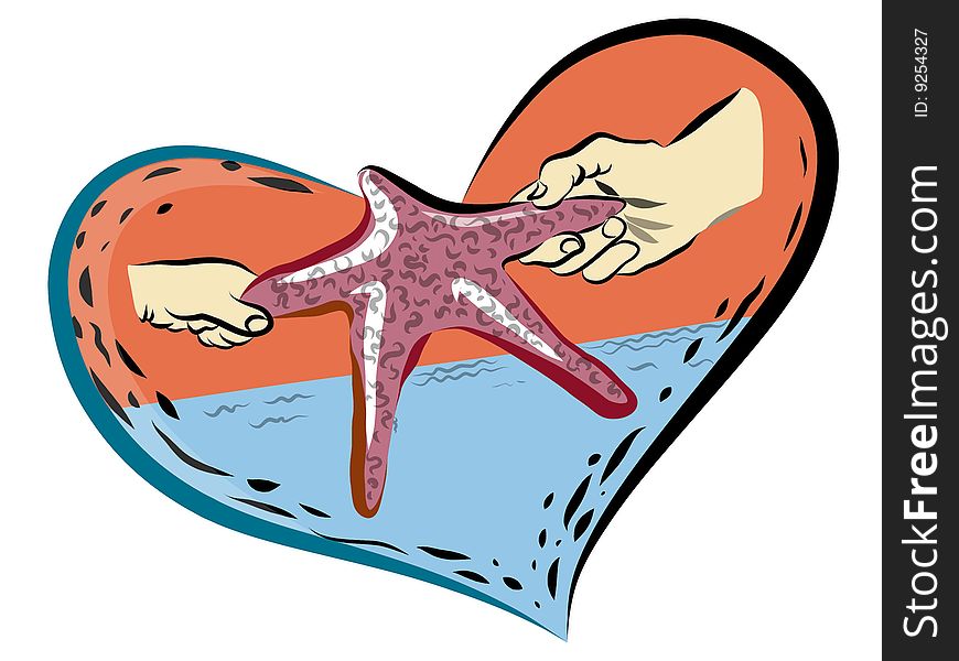 Illustration drawing of  hand holing sea star
in heart-shaped