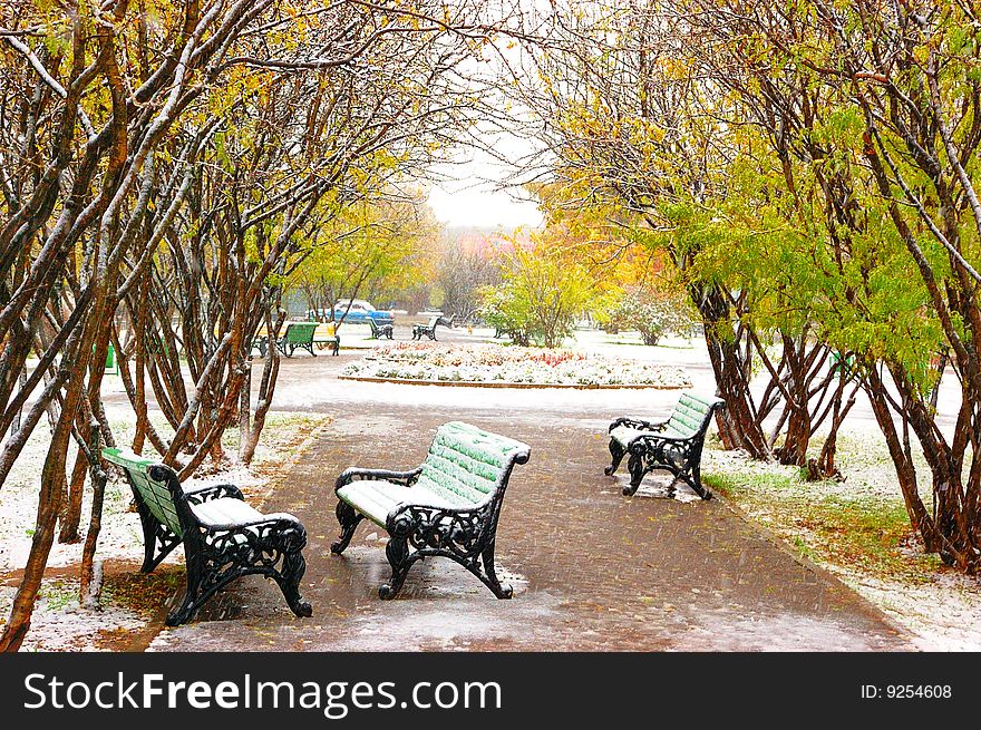 Park bench covered with snow in rainy day