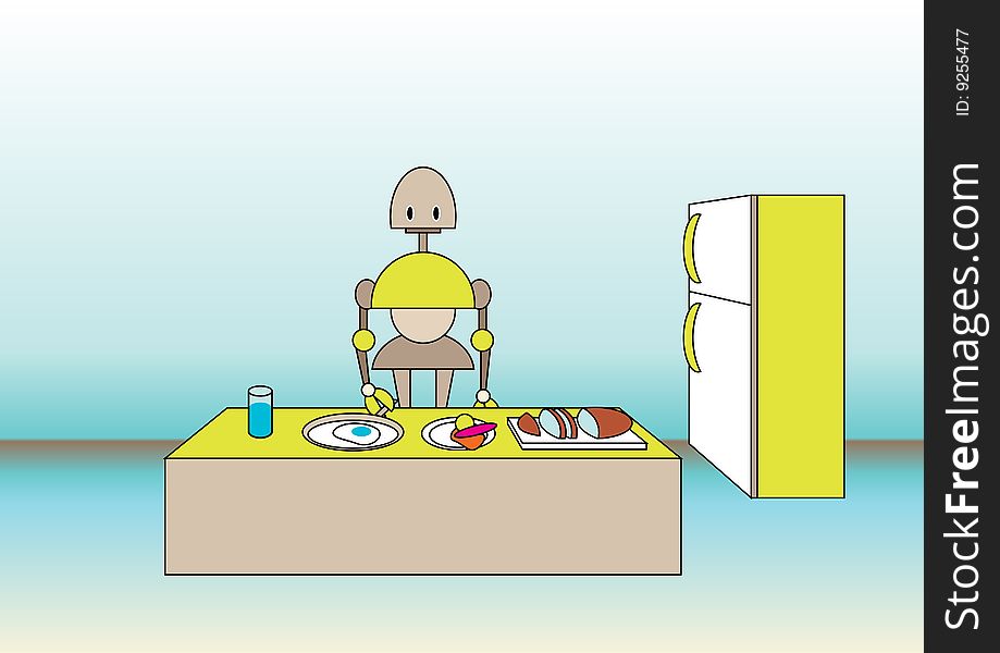 Vector illustration of comic robot on the kitchen, near the table with the meal.