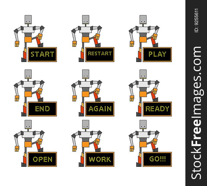Vector illustration of funky robots holding the placard.