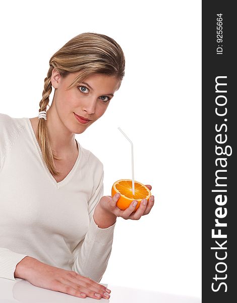 Woman holding orange on white background. Woman holding orange on white background