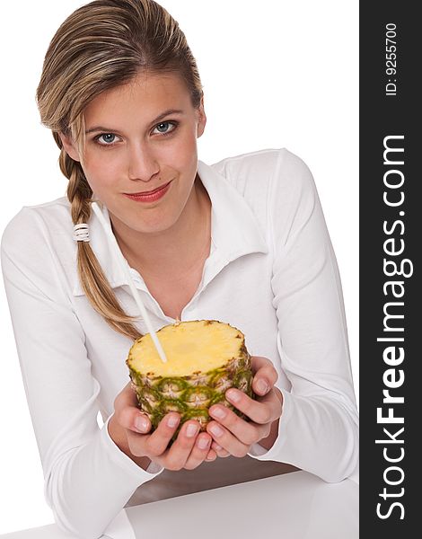 Blond woman holding pineapple on white background. Blond woman holding pineapple on white background