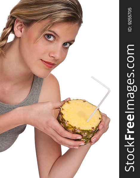 Woman holding pineapple on white background. Woman holding pineapple on white background