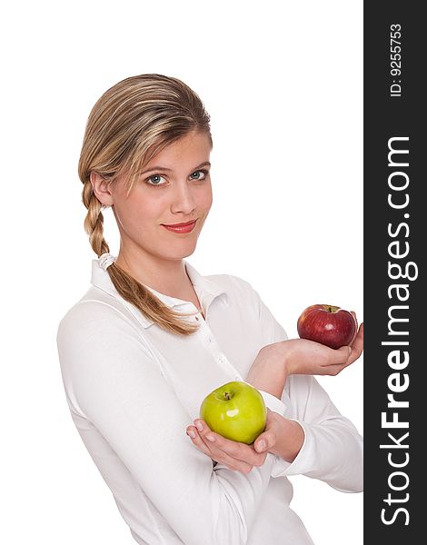 Woman holding two apples on white background. Woman holding two apples on white background