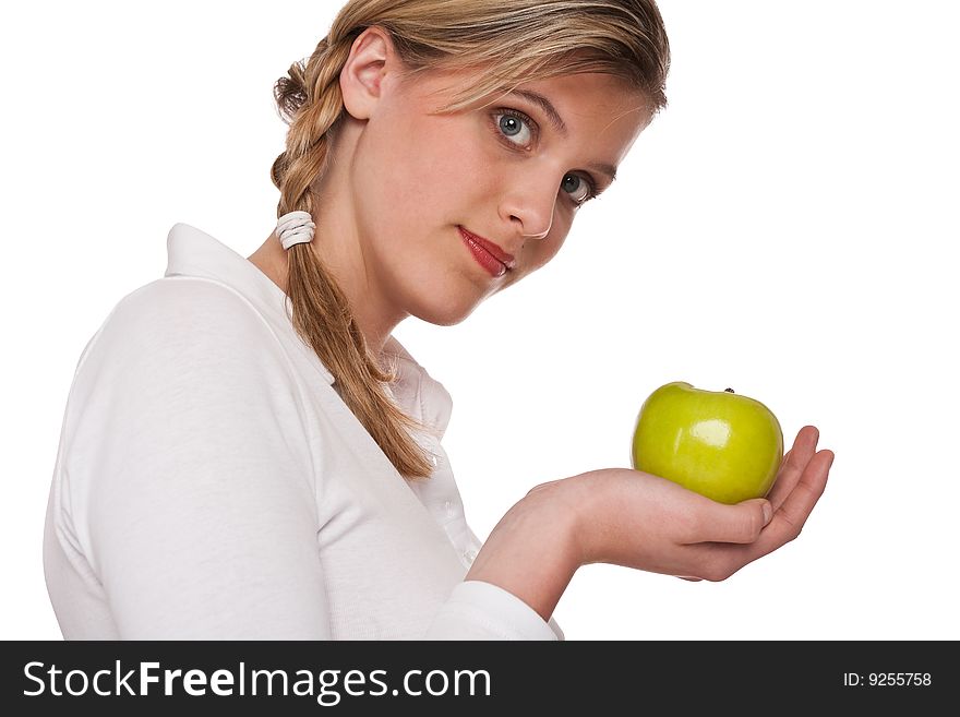 Woman holding green apple on white background. Woman holding green apple on white background