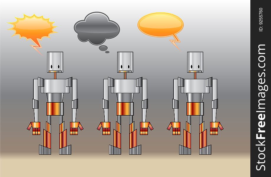 Vector Illustration of funny robots decorated with comics bubbles