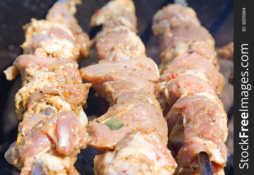 Shish kebab preparation on a brazier. Outdoor picnic.