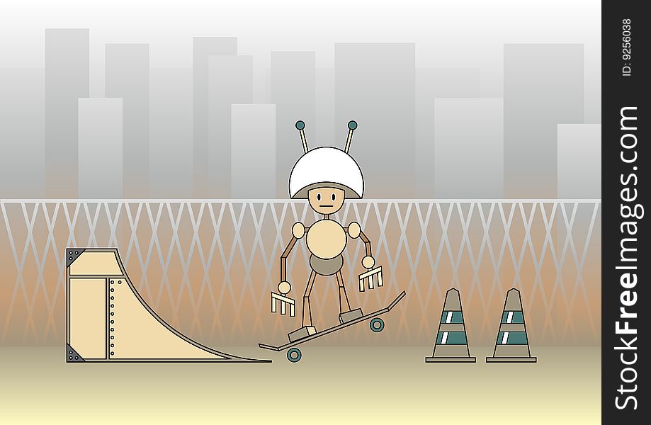 Vector illustration of comic robot with the skateboard on the urban background.