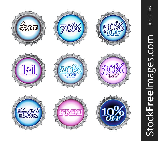 Vector illustration of bottle caps set with different kind of sales. Vector illustration of bottle caps set with different kind of sales.