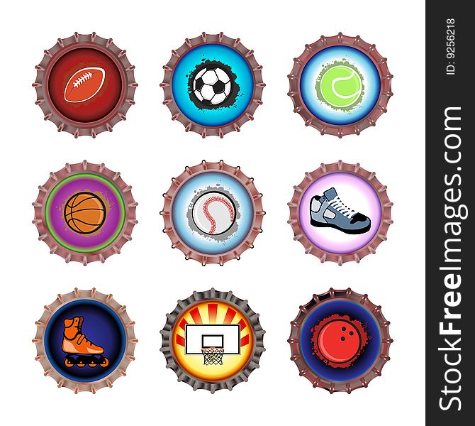 Vector illustration of bottle caps set, decorated with different objects related to sport. Vector illustration of bottle caps set, decorated with different objects related to sport.