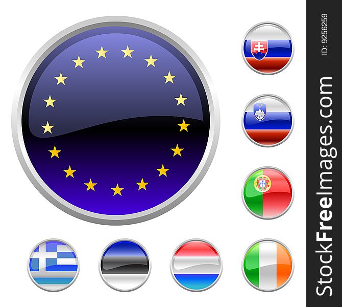 Vector Illustration of round buttons set, decorated with the flags of european countries.