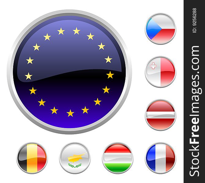 Vector Illustration of round buttons set, decorated with the flags of european countries.