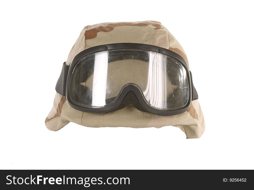 Bullet proof Kevlar desert helmet on a white background, 3 color camouflage used in the gulf war. Bullet proof Kevlar desert helmet on a white background, 3 color camouflage used in the gulf war