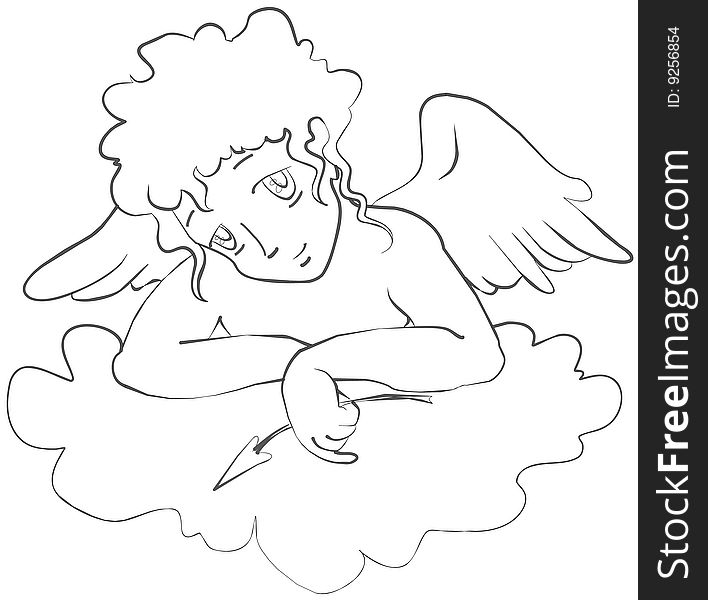 Cupid reposes on white feathery cloud