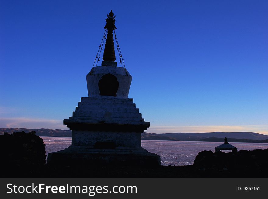 A pogoda at Namtso Lake in Tibet,early in the morning. A pogoda at Namtso Lake in Tibet,early in the morning