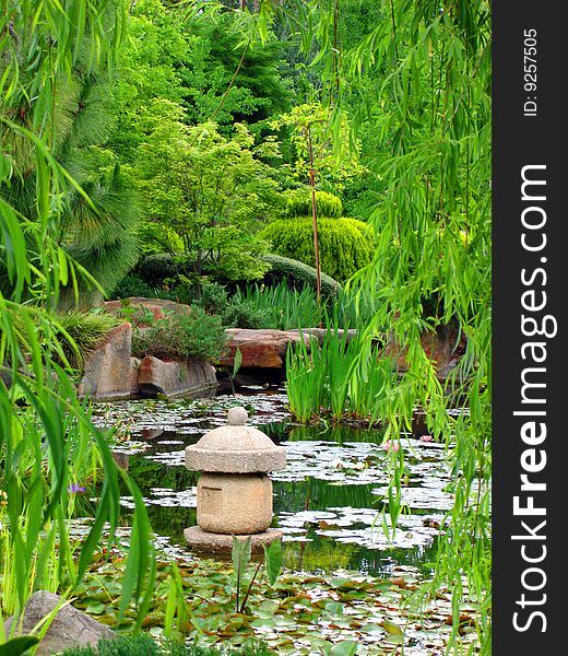 Japanese Water Garden with Stone Pagoda