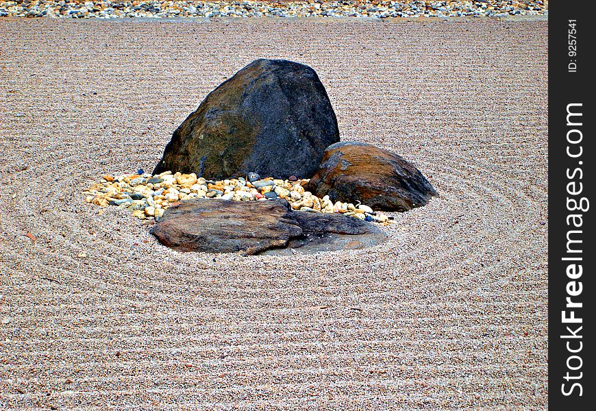 Japanese Dry Rock Garden, with large stones representing mountains and raked gravel representing water.